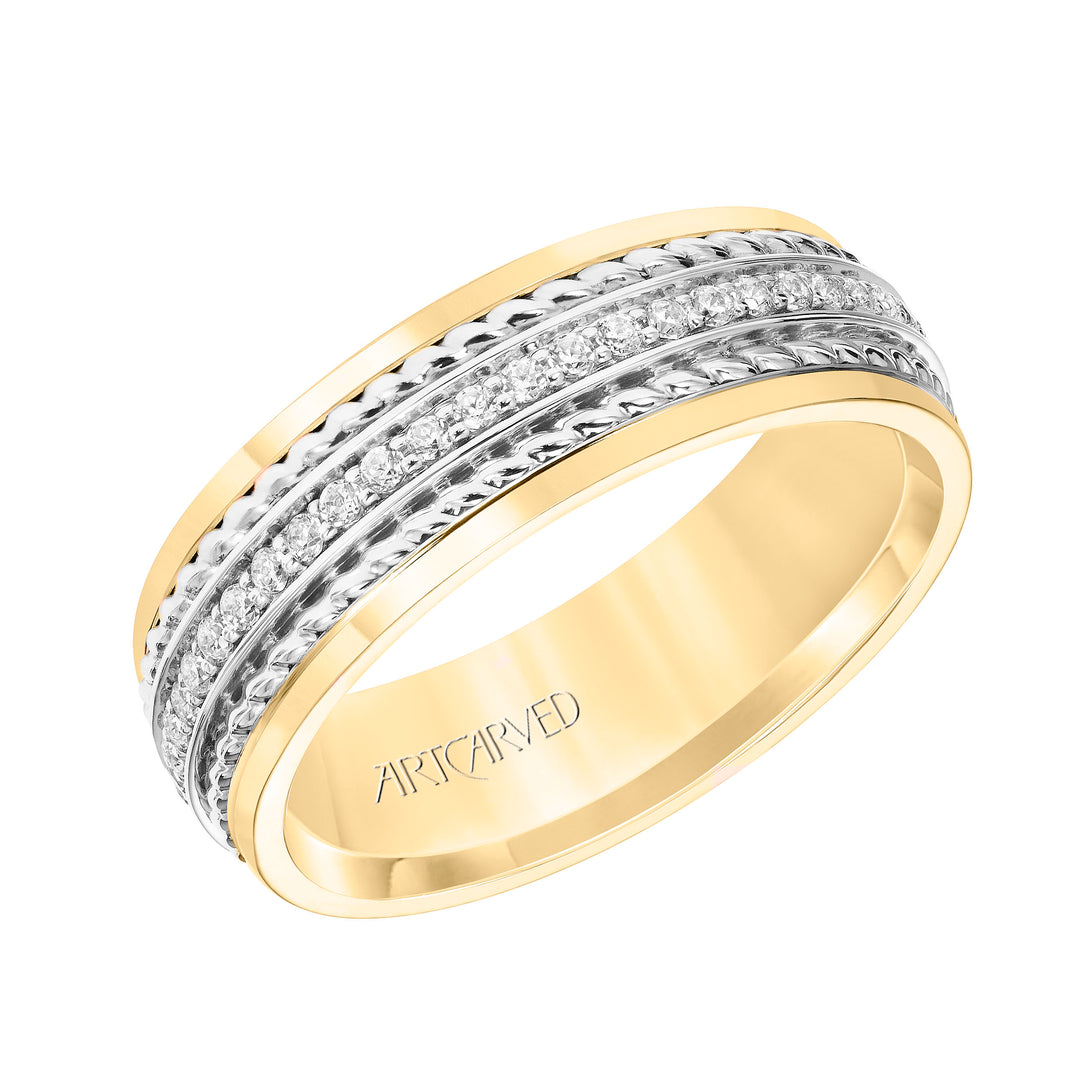22-V8730YW7-G.01 - Goldman - 7MM Wedding Band with Polished Finish and Double Rope with Diamond Center Inlay Detail