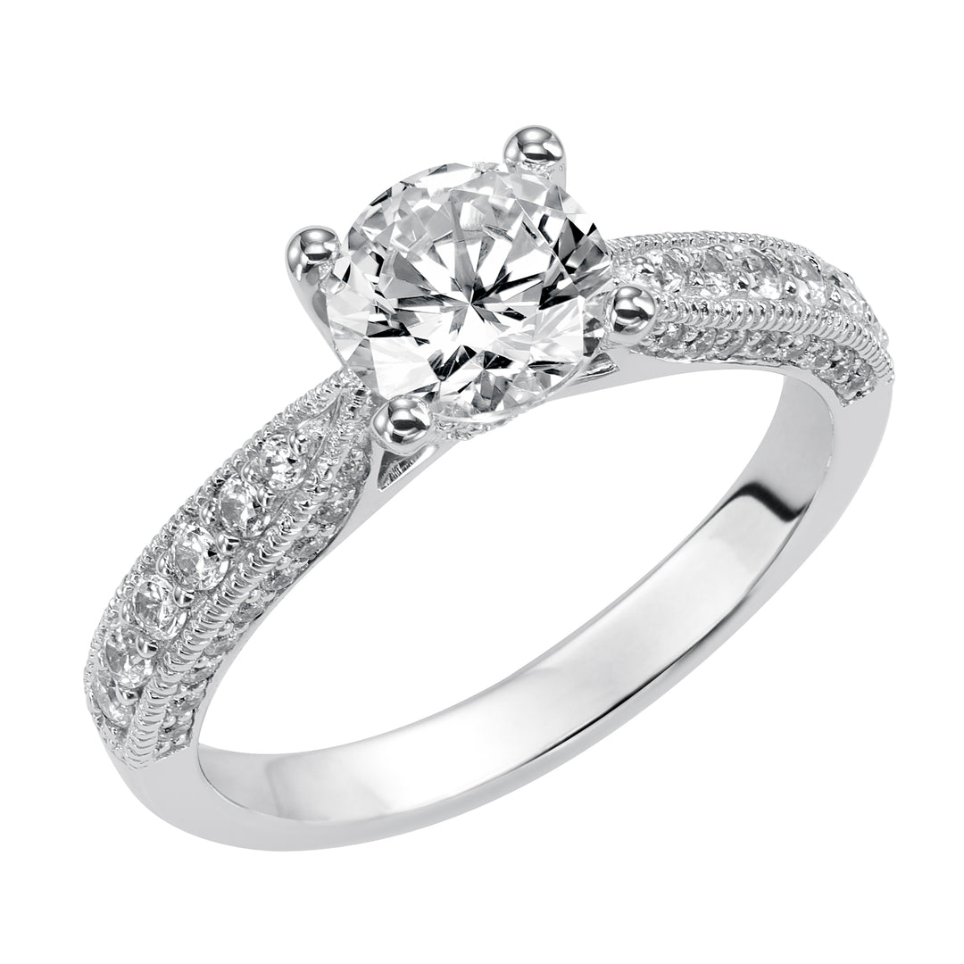 31-748ECW-E.00 - Goldman - Milgrain detailing accents the diamond prong set band of this magnificent engagement ring