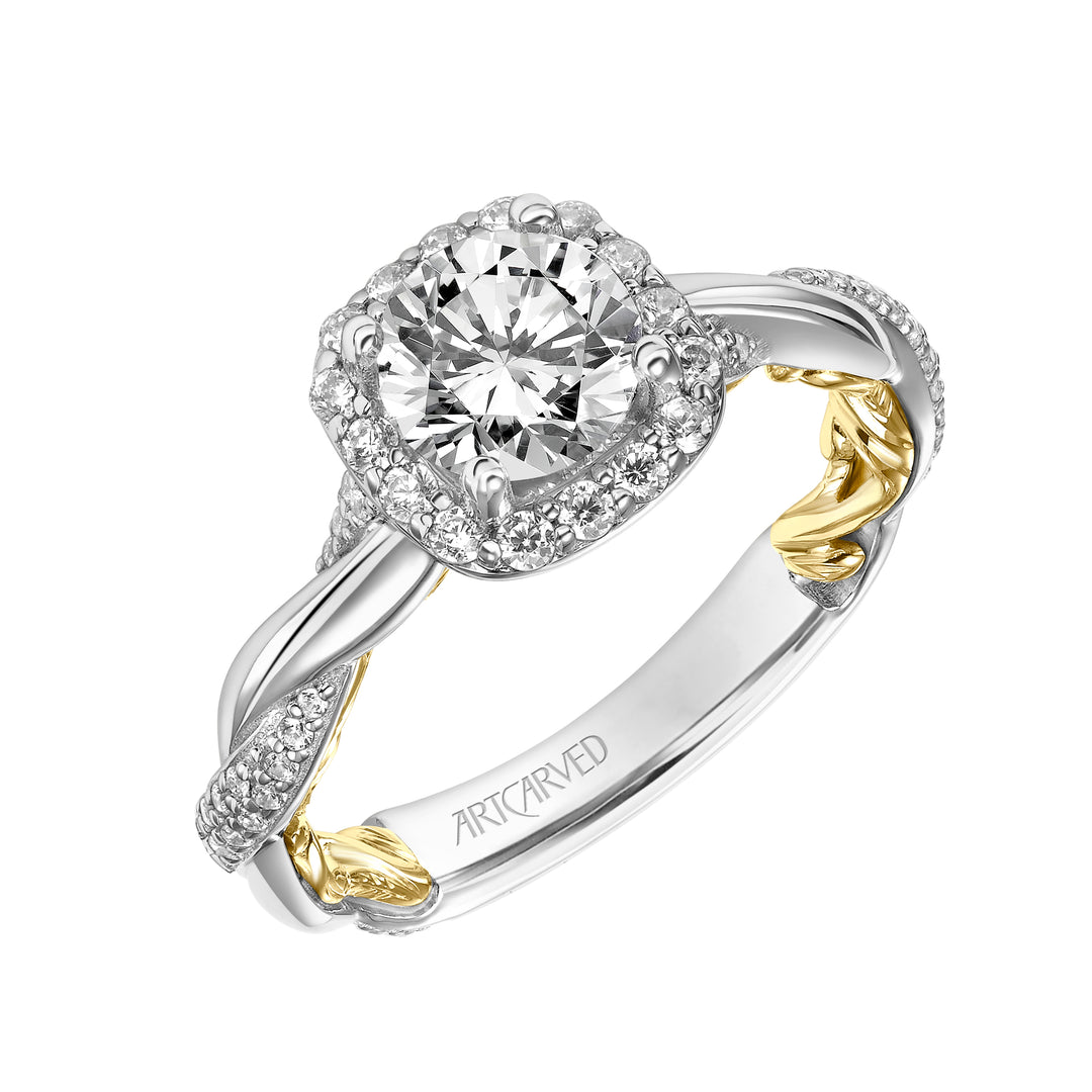 31-V933ERWY-E.01 - Goldman - Lyric Engagement Ring with Cushion Diamond Halo and Accented Diamond Gallery with Twist Diamond and Polished Shank