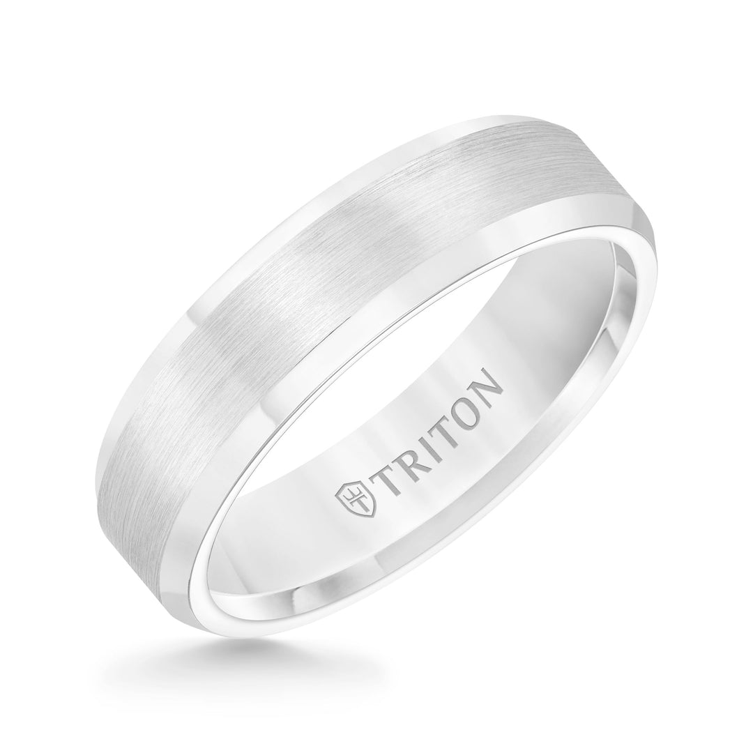 6mm Bevel Edge White Tungsten Carbide comfort fit Band with center satin finish and bright polished edge