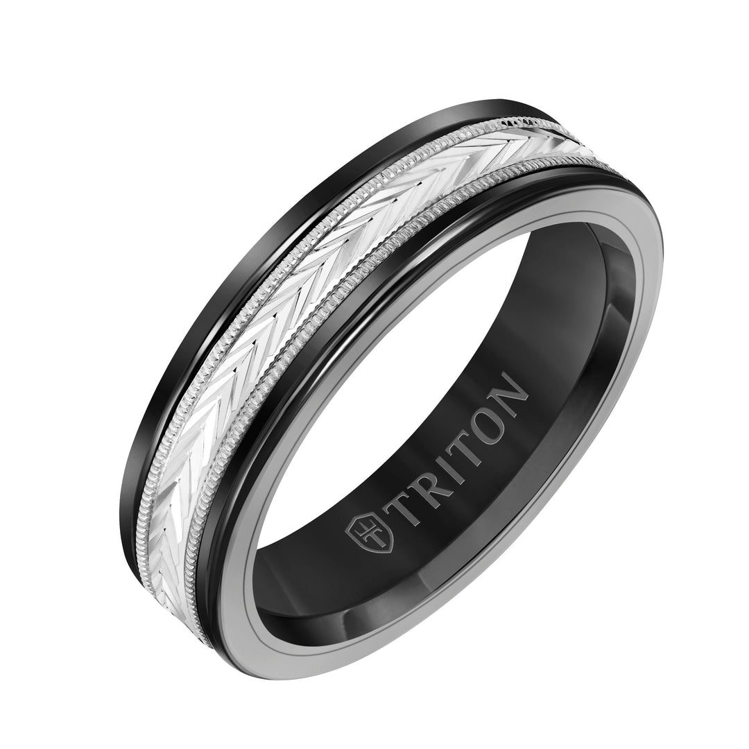 11-2416WCY8-G.00 - Goldman - 8mm White Tungsten Carbide Ring with 14kt Yellow Gold Chevron Pattern Center