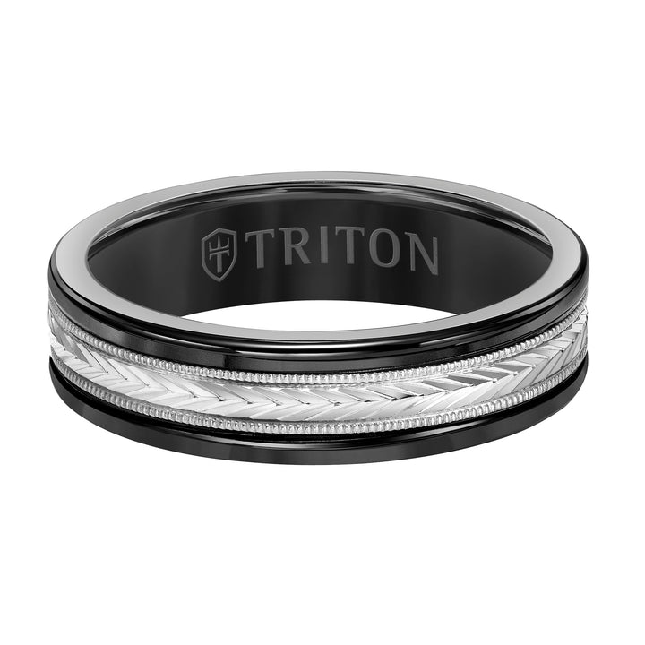 6mm Black Tungsten Carbide Ring with 14kt White Gold Chevron Pattern Center