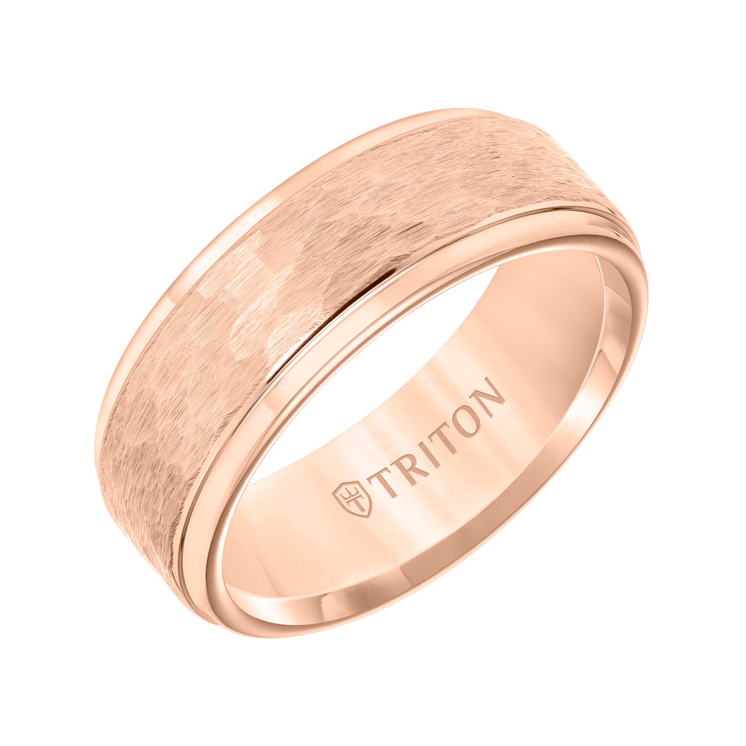 11-3288RC-G.00 - Goldman - 8mm Rose Tungsten carbide Step Edge Comfort Fit band with center hammered texture