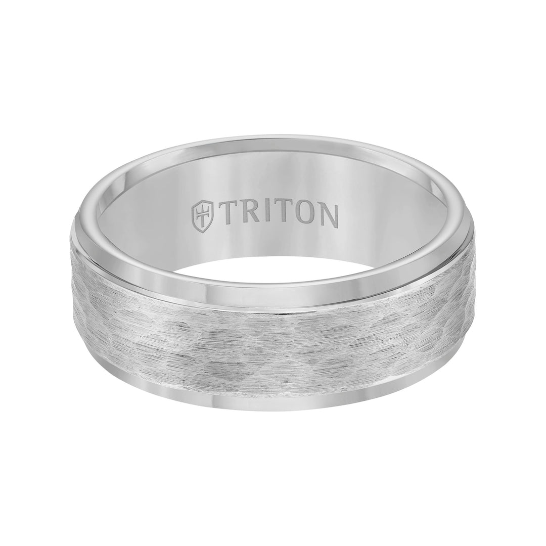 8mm  Tungsten carbide Step Edge Comfort Fit band with center hammered texture