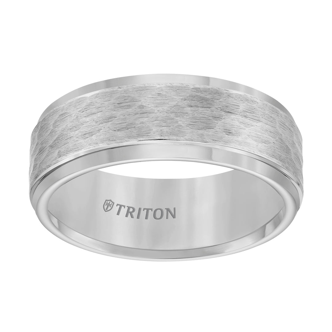 8mm  Tungsten carbide Step Edge Comfort Fit band with center hammered texture