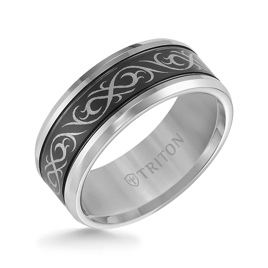 11-4208MC-G.00 - Goldman - Black and White Tungsten Carbide Comfort Fit Band with laser pattern detail