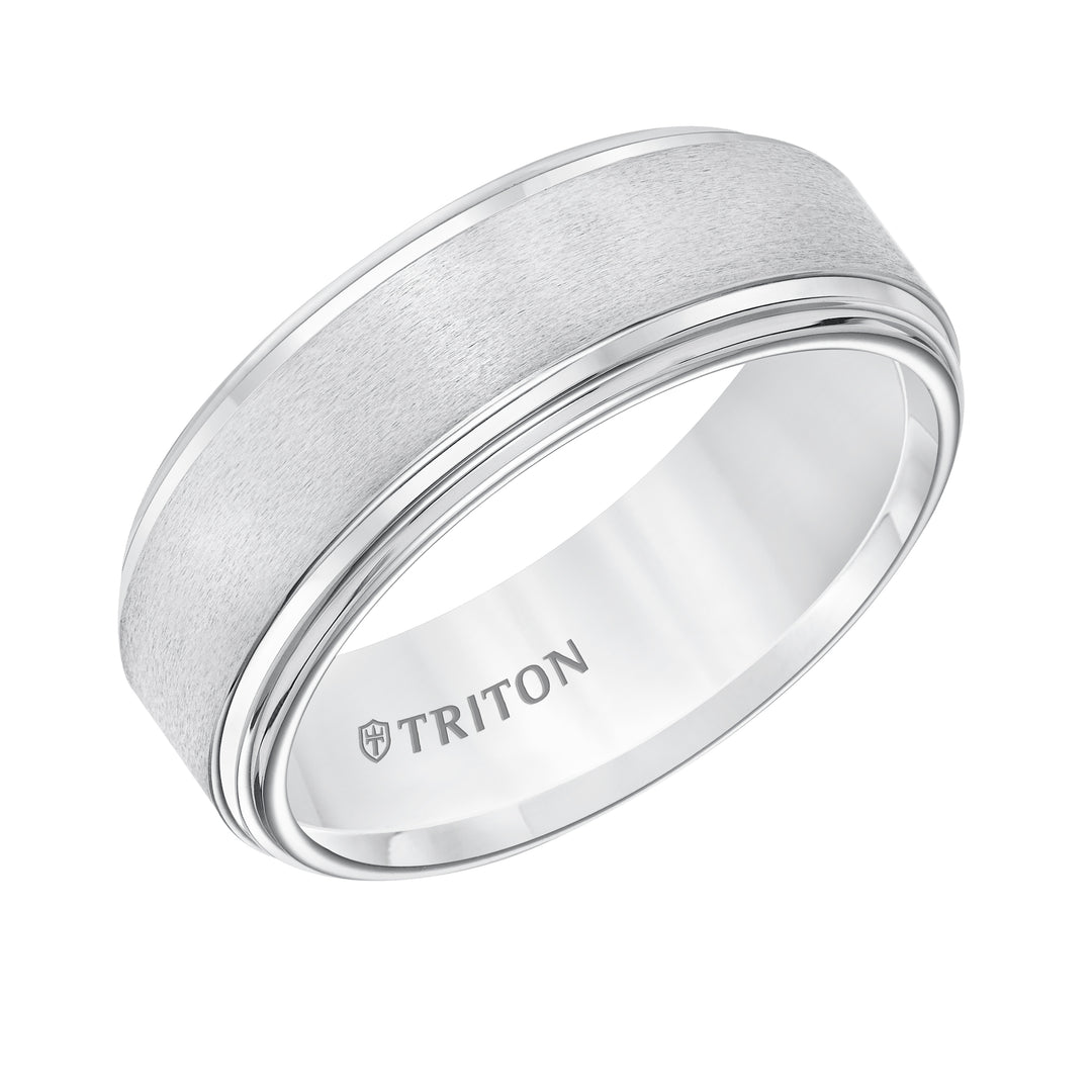 11-5732HC-G.00 - Goldman - 8mm White Tungsten Band W/ A Double Stepped Edge & Satin Center W/Bright Edges