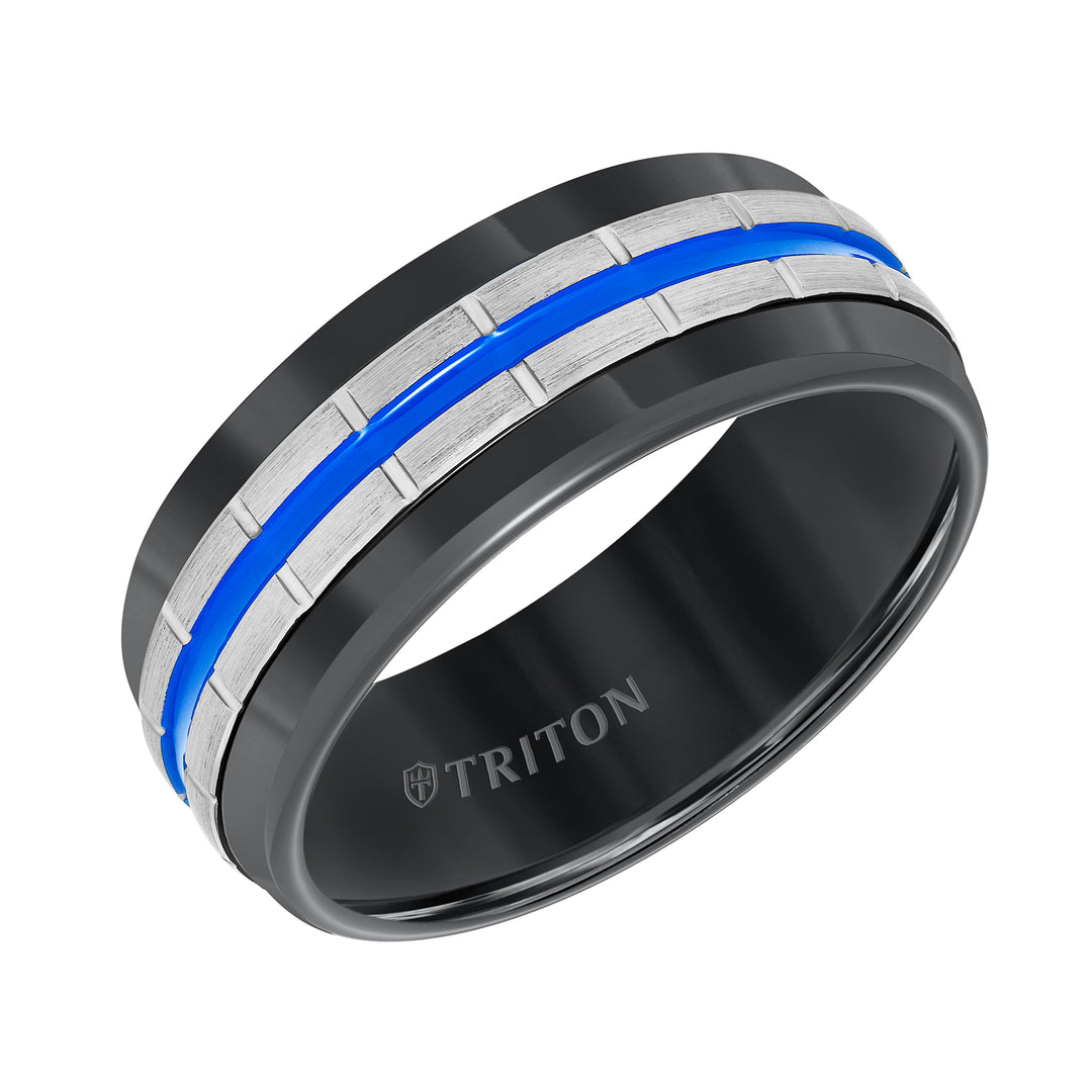 11-5944BCB8-G.00 - Goldman - 8.5MM Black Tungsten Carbide Band with Vertical Grooves, Electric Blue Center Stripe & Satin Finish