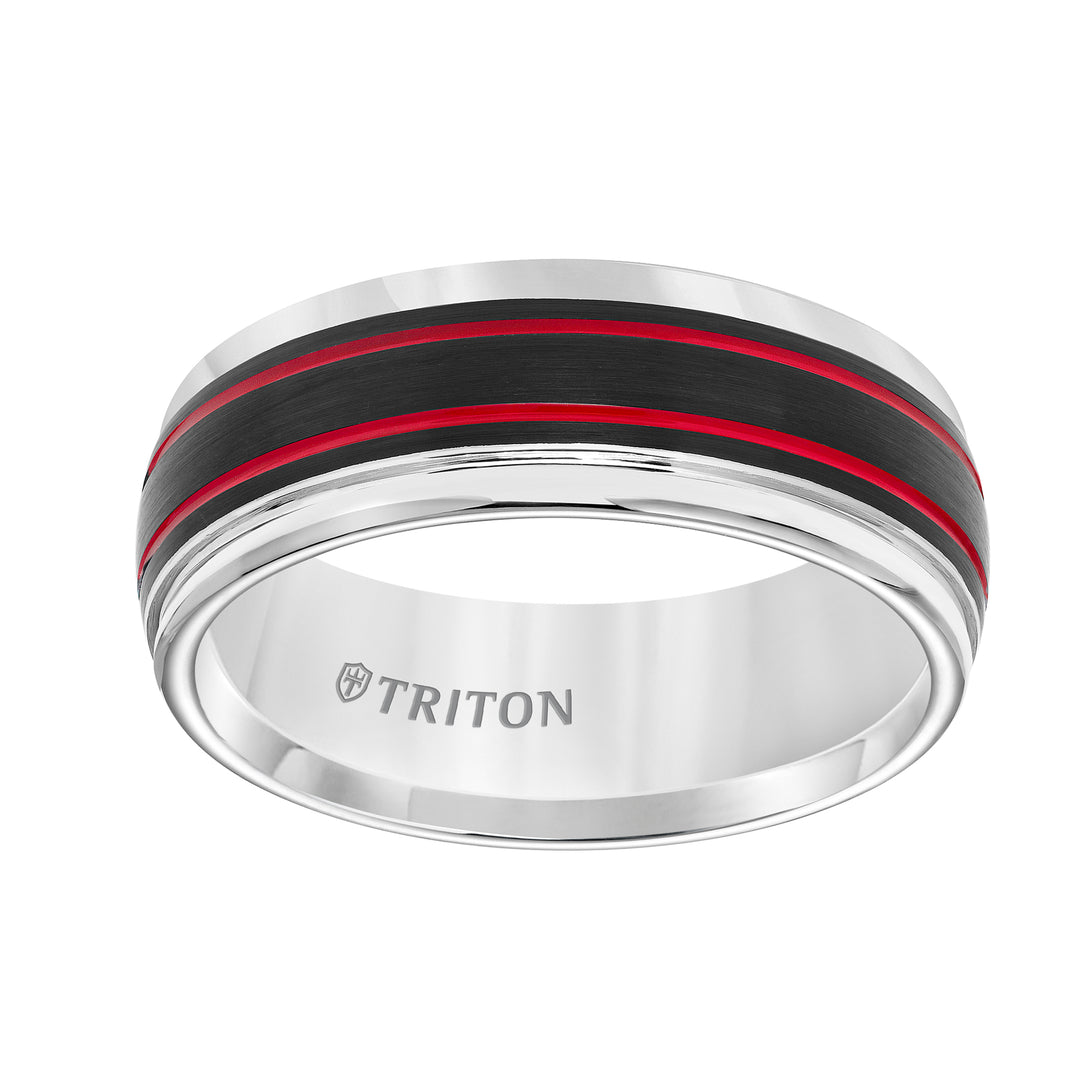 11-5976WCE8-G.00 - Goldman - Tungsten Carbide Comfort Fit Mens White Band with Black Matte Center with Fire Red Stripes and Bright Round Rims