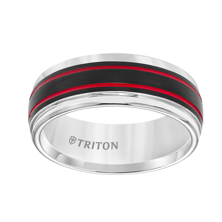 11-5976WCE8-G.00 - Goldman - Tungsten Carbide Comfort Fit Mens White Band with Black Matte Center with Fire Red Stripes and Bright Round Rims