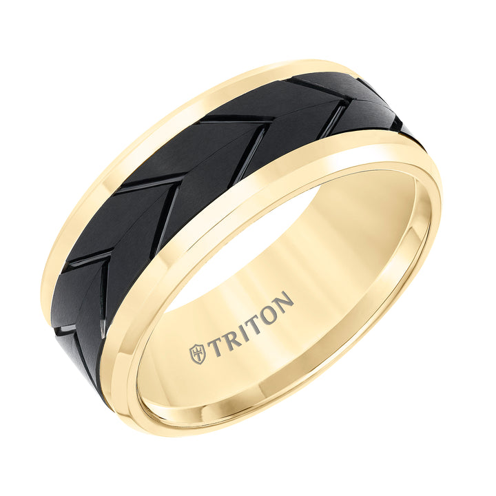 11-5980YBC8-G.00 - Goldman - Tungsten Carbide Comfort Fit Two Tone Mens Band with Black Flat Matte Tread Design Center and Yellow Beveled Rims