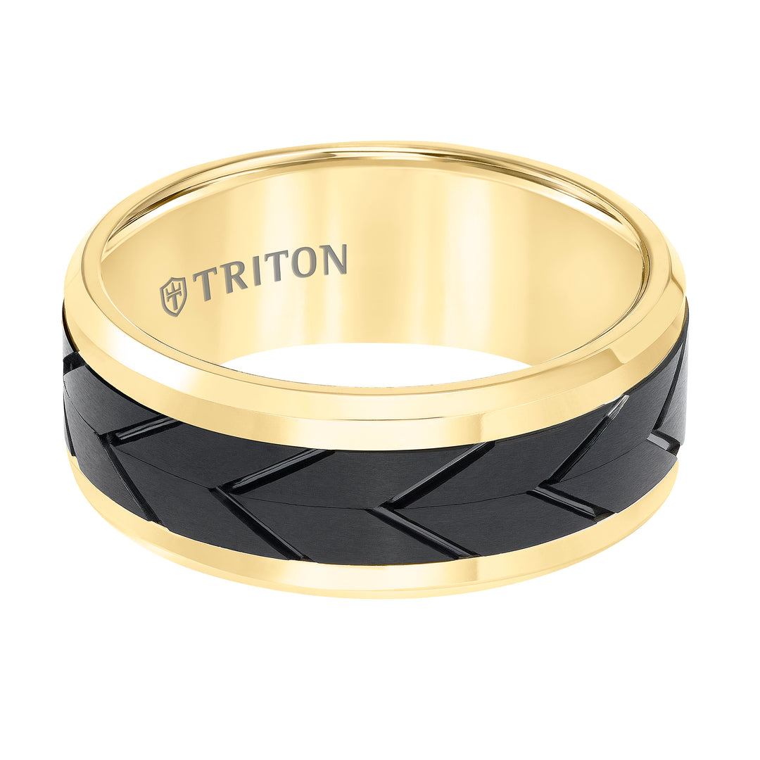 11-5980YBC8-G.00 - Goldman - Tungsten Carbide Comfort Fit Two Tone Mens Band with Black Flat Matte Tread Design Center and Yellow Beveled Rims