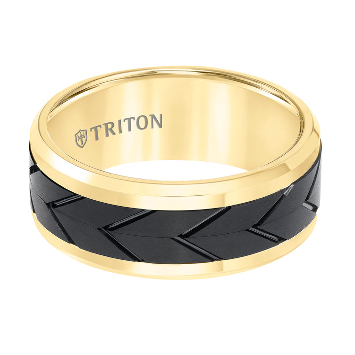 11-5980YBC8-G.00 - Goldman - Tungsten Carbide Comfort Fit Two Tone Mens Band with Black Flat Matte Tread Design Center and Yellow Beveled Rims