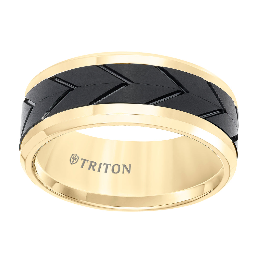 11-5980YBC8-G.00 - Goldman - Tungsten Carbide Comfort Fit Two Tone Mens Band with Black Flat Matte Tread Design Center and Yellow Beveled Rims