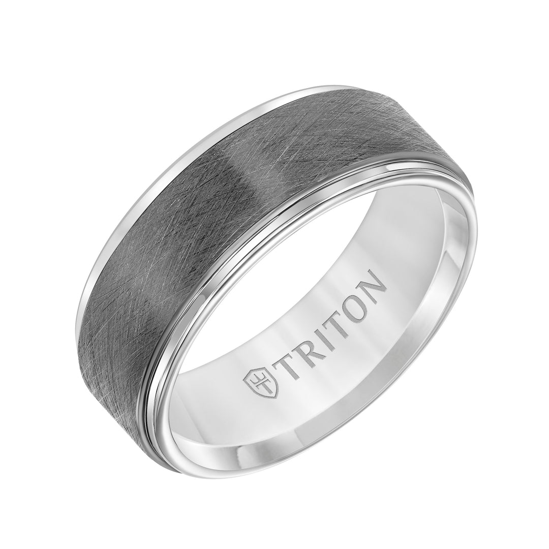 Tungsten Carbide Comfort Fit Mens Two Tone Band with Gunmetal Crystalline Finish Center and White Step Edge