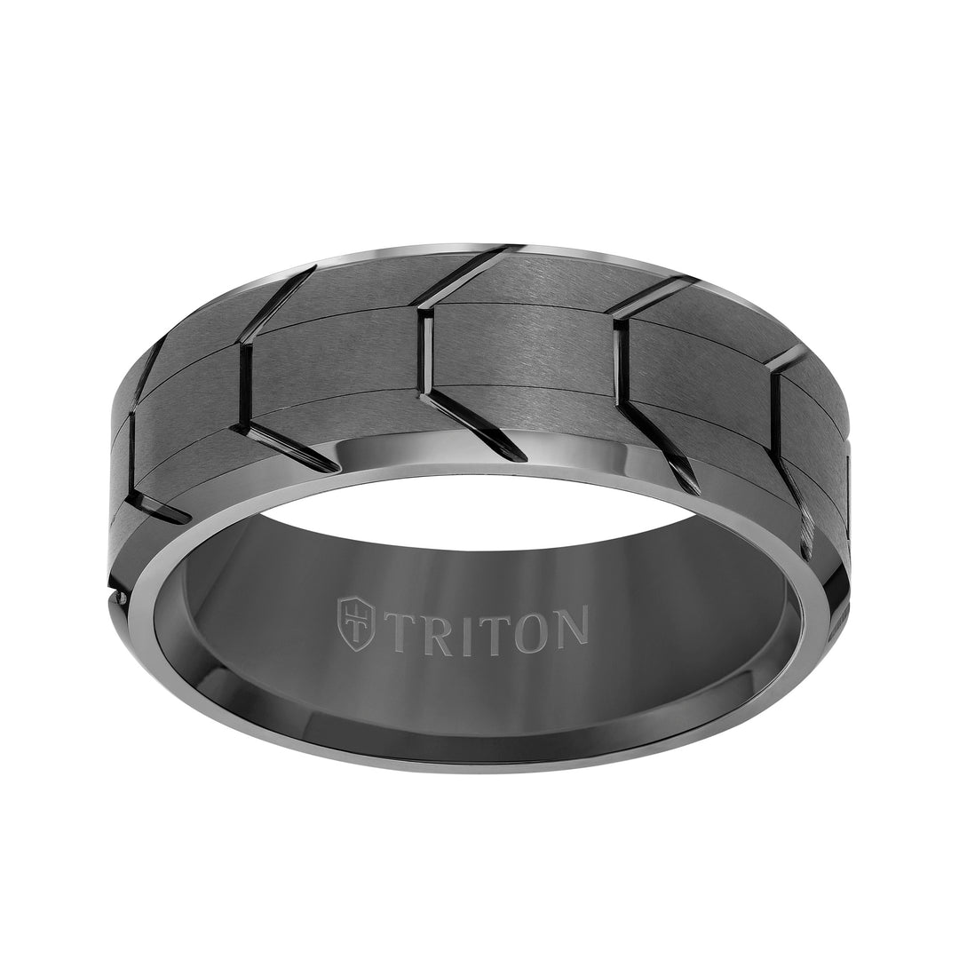 11-5983NWC8-G.00 - Goldman - 8MM Tungsten Carbide Ring - Gunmetal Tire Thread Center and Bevel Edge