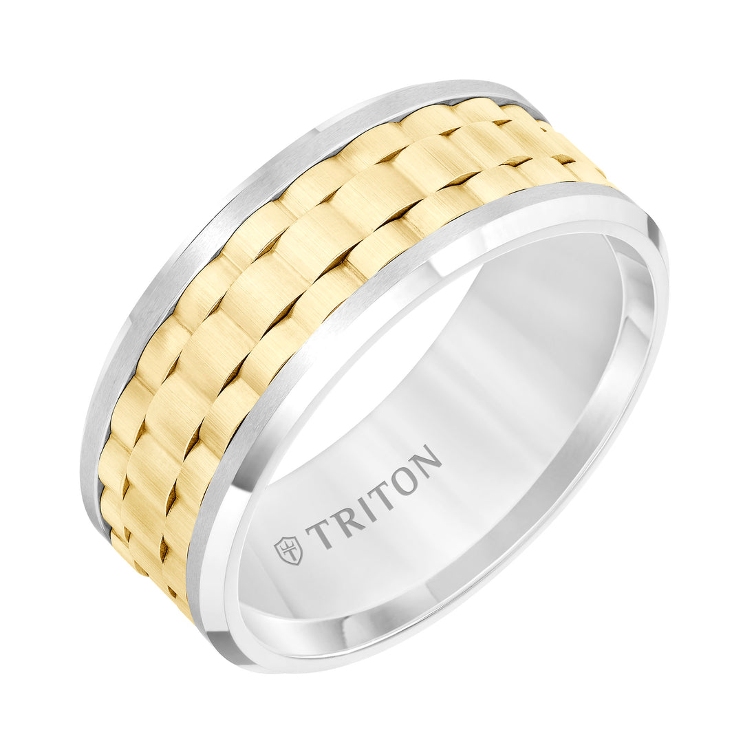 11-5997WC9-G.00 - Goldman - 9MM White Tungsten Carbide Flat Comfort Fit Band with Yellow Basket Weave Center and Flat Rims