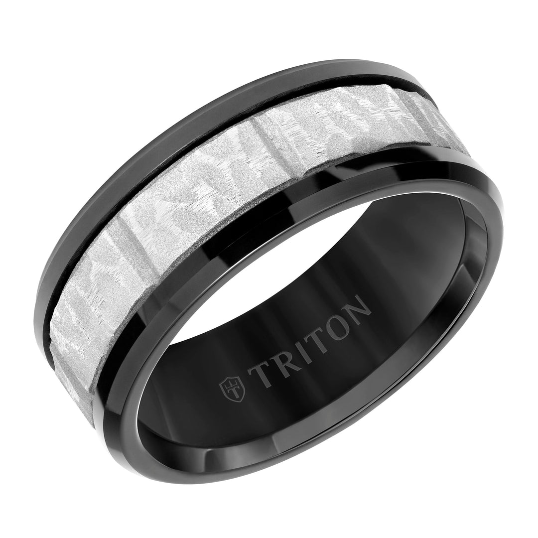 9MM Tungsten Carbide Comfort Fit Mens Black Band with Gray Sand Blasted Textured Center with Vertical Cuts and Polished Rims