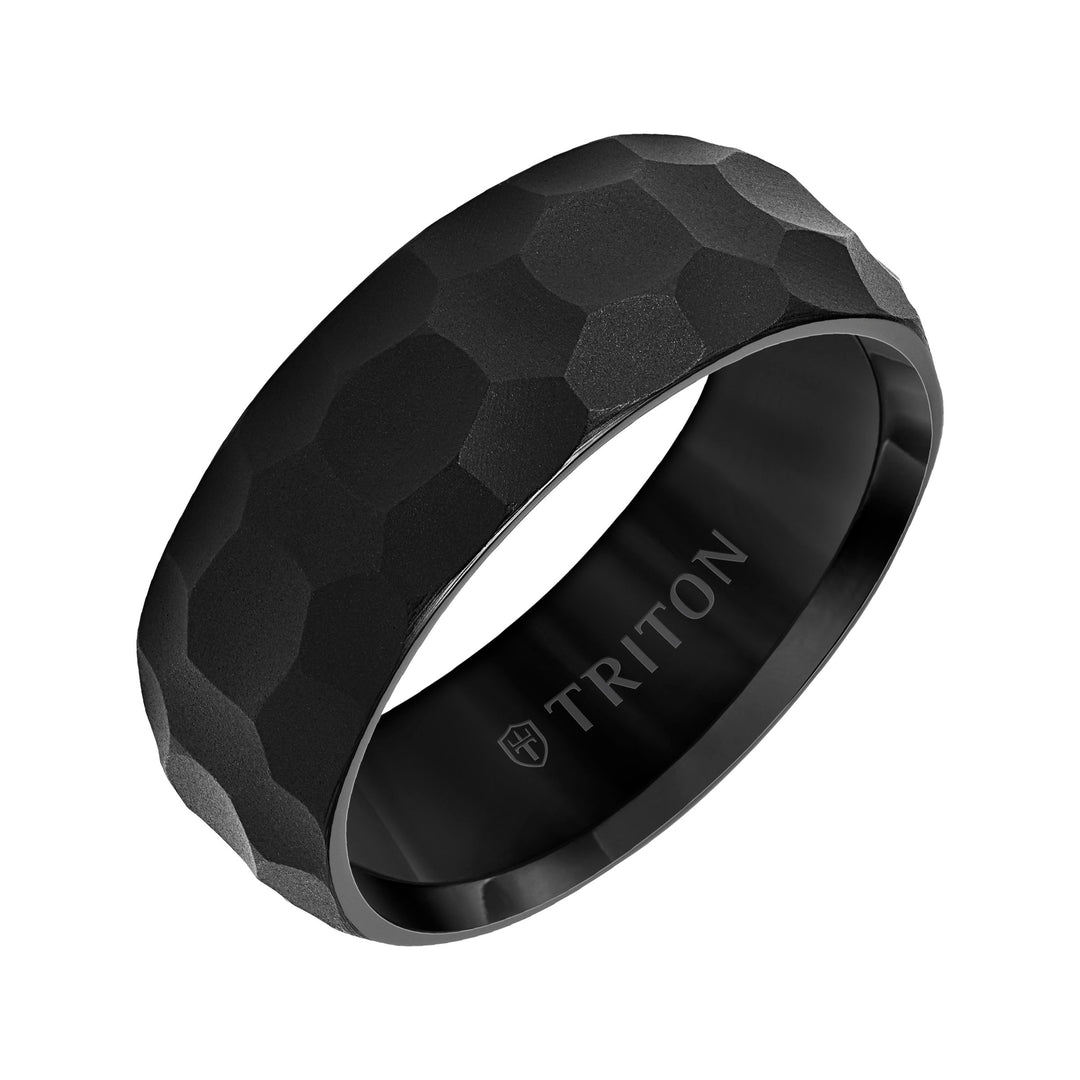 11-6017BC8-G.00 - Goldman - 8mm Black Tungsten Carbide Edge to Edge Band with Hammered Pattern