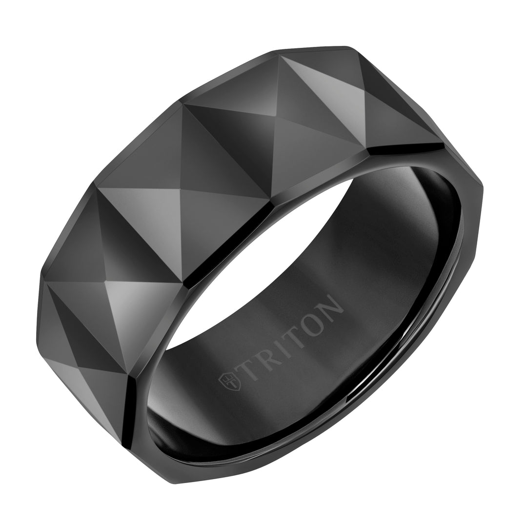 11-6039WC7-G.00 - Goldman - 7mm White Tungsten Band with Faceted Pyramid Pattern