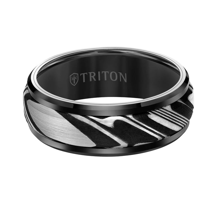 11-6047BC8-G.00 - Goldman - 8MM Tungsten Carbide Ring - Damascus Steel with Bevel Edge