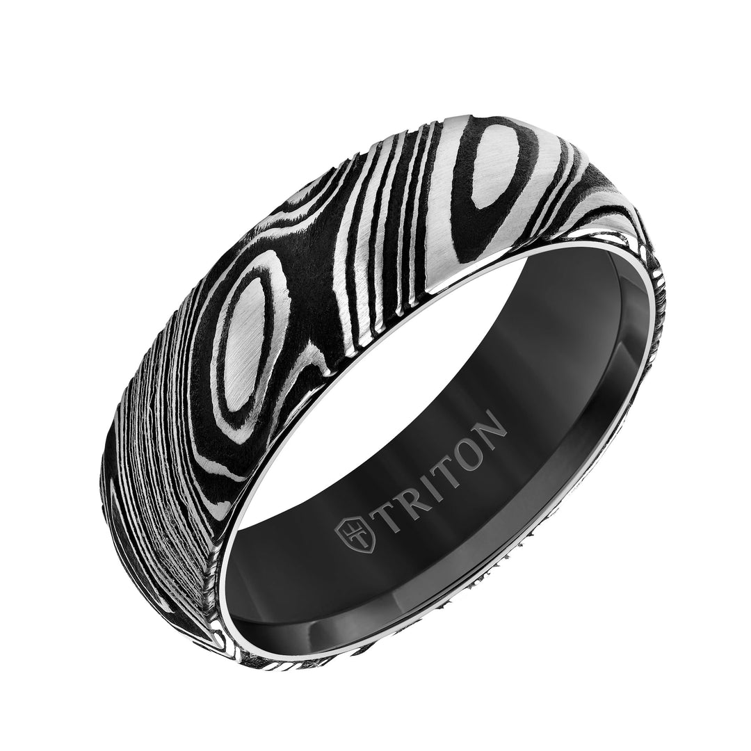 11-6050BC7-G.00 - Goldman - 7MM Black Tungsten Carbide Ring with Damascus Steel