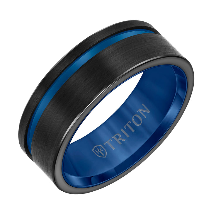 8mm Black Tungsten Carbide Ring with Satin Finish and Asymmetrical Black Cut
