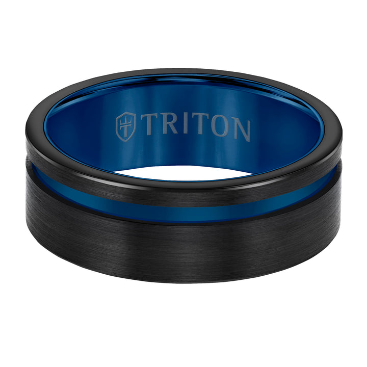 8mm Black Tungsten Carbide Ring with Satin Finish and Asymmetrical Rose Cut