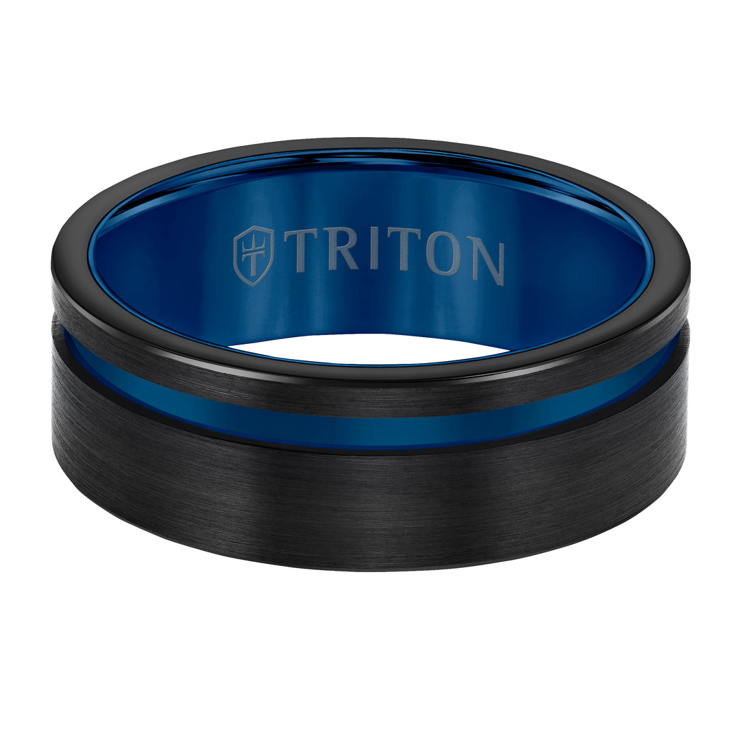 8mm Black Tungsten Carbide Ring with Satin Finish and Asymmetrical Black Cut