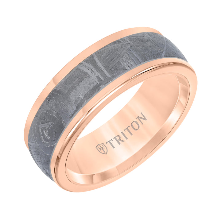 8MM Rose Tungsten Carbide Base with Rd Rims/Meteorite Insert Engraved Band