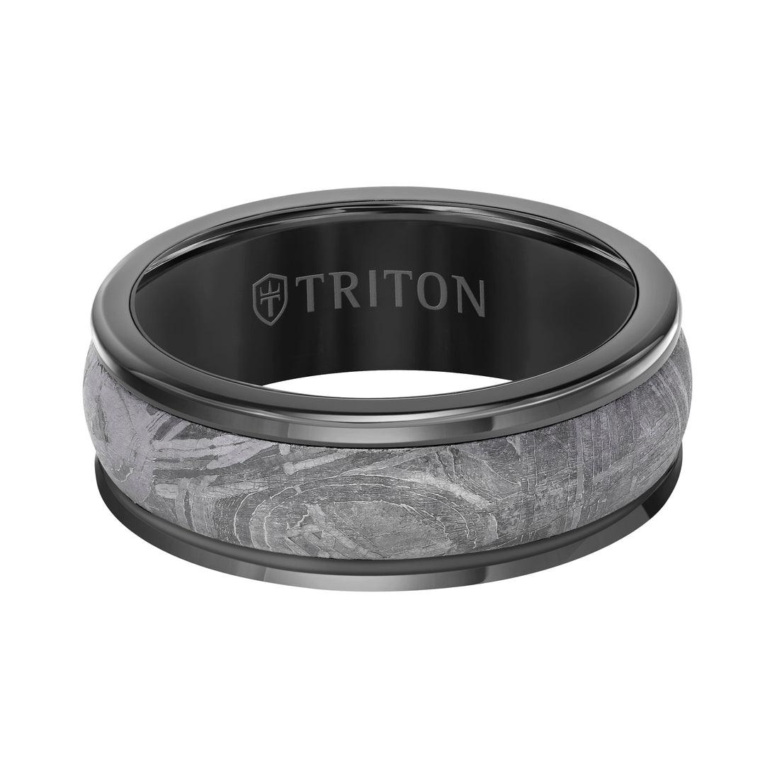 8MM Black Tungsten Carbide Base with Rd Rims/Meteorite Insert Engraved Band