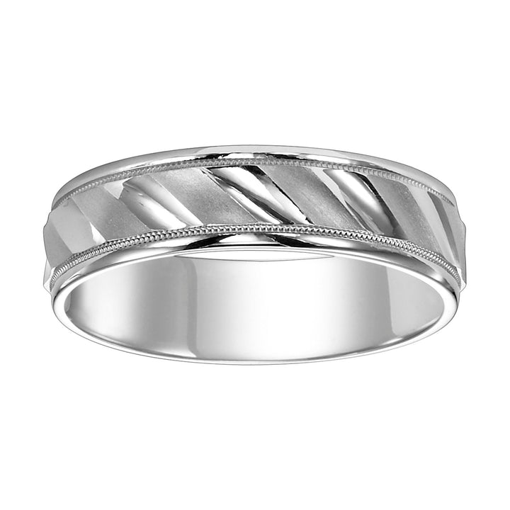 11-6144W-G.00 - Goldman - Mens wedding band with diagonal cuts, bright and  satin finish with milgrain accent and round edges with flat profile