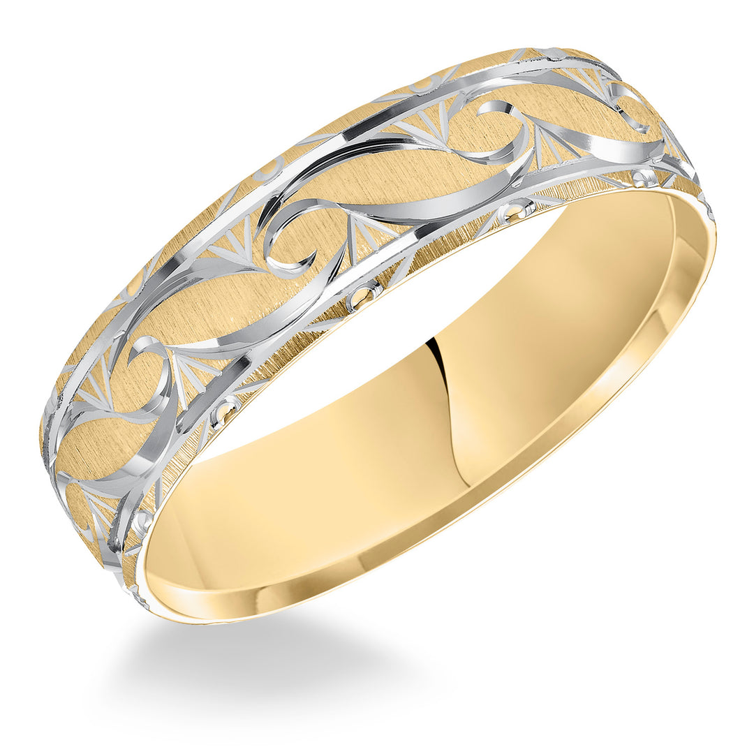 11-6376-G.00 - Goldman - This exquisitely crafted, Comfort Fit wedding band features an ornate design, satin finish and beveled edge to complete the look