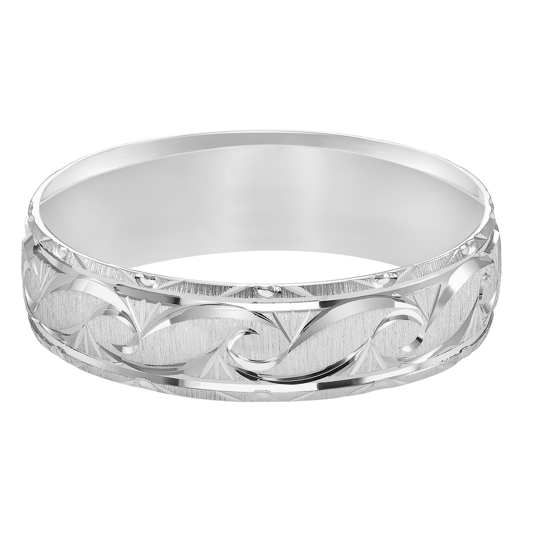 This exquisitely crafted, Comfort Fit wedding band features an ornate design, satin finish and beveled edge to complete the look