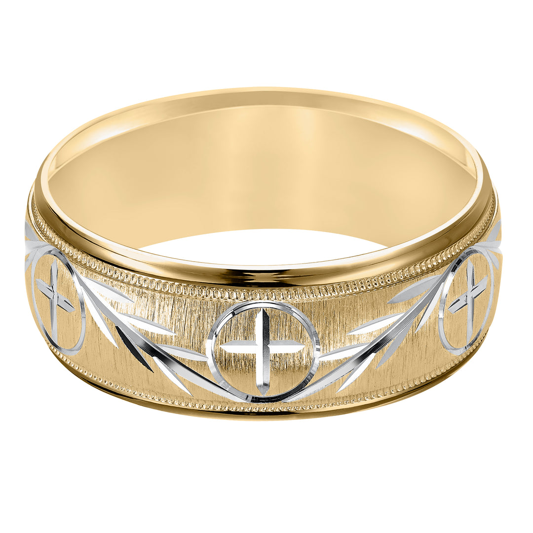 This finely crafted, two-tone gold, wedding band features an exquisite design, satin finish with milgrain and round edges