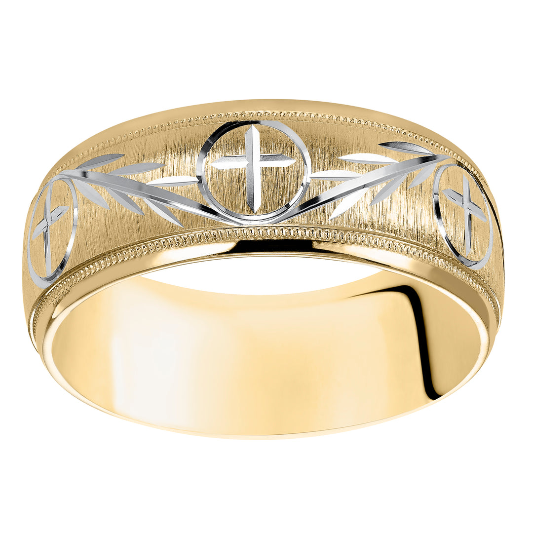This finely crafted, two-tone gold, wedding band features an exquisite design, satin finish with milgrain and round edges