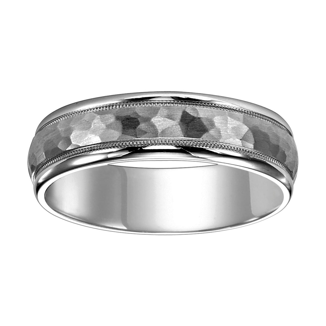 This low domed Comfort Fit wed band features a brushd hammerd finish with milgrn and round edges to complete this luxurious yet classic look Pls note hand hammerd styles will have slight variations due to the nature of the manufacturing process