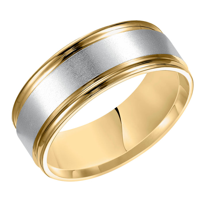 This stately two-tone gold, Comfort Fit wedding band features a yellow gold, brushed finish center channel and white gold, round edges