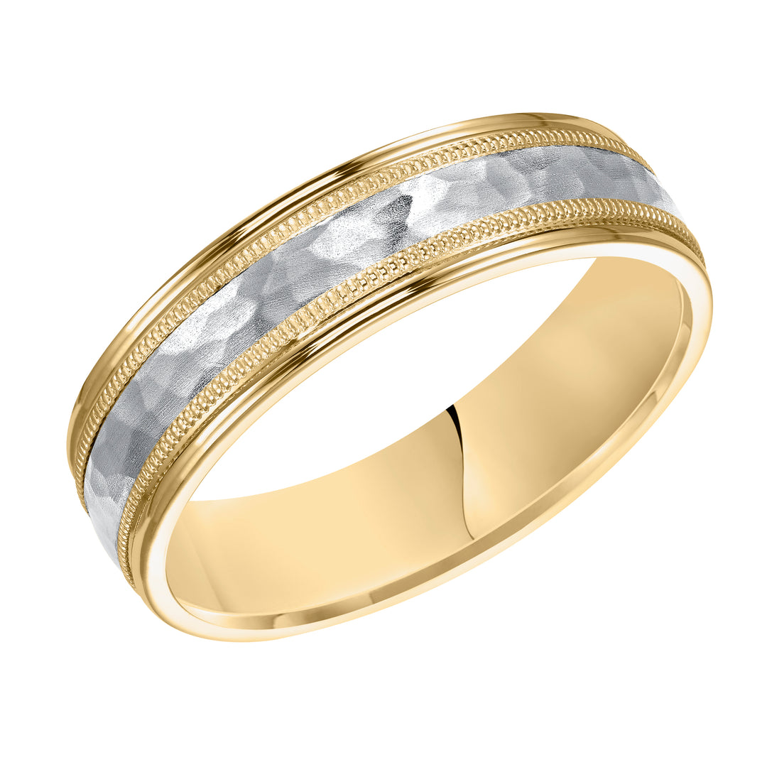 11-6974-G.00 - Goldman - Comfort fit two tone wedding band with brushed hammered finish and milgrain Please note hand hammered styles will have slight variations due to the nature of the manufacturing process
