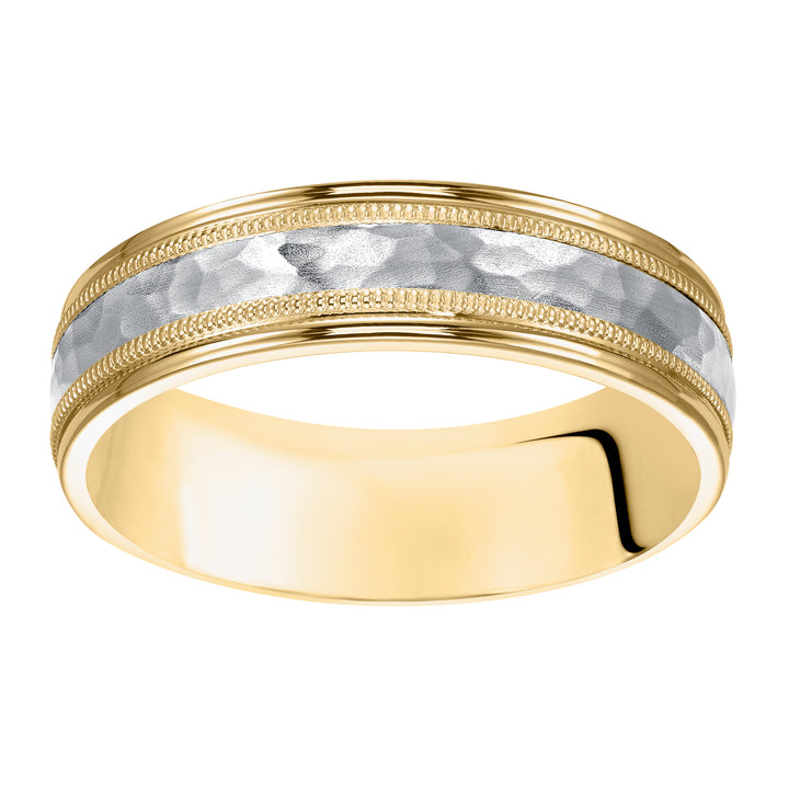 11-6974-G.00 - Goldman - Comfort fit two tone wedding band with brushed hammered finish and milgrain Please note hand hammered styles will have slight variations due to the nature of the manufacturing process