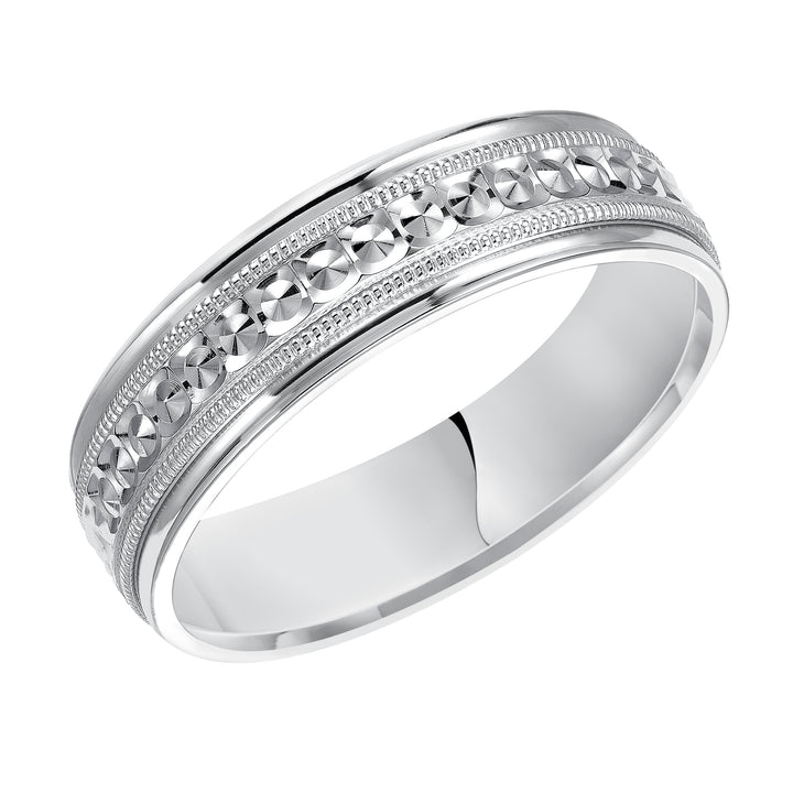 This low-dome styled, Comfort Fit wedding band features an eye-catching design with a bright finish, milgrain and round edges