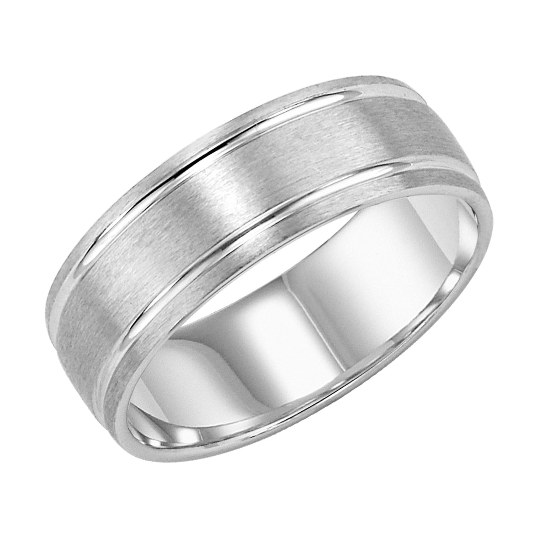 11-8136W-G.00 - Goldman - This low-domed style, Comfort Fit wedding band is enhanced with two bright, fine channel accents, a satin finish and round edges for a contemporary classic look