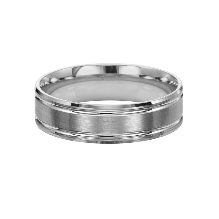 Featuring a , brushed finish  and a stepped edge, this Comfort Fit wedding band is simply luxurious
