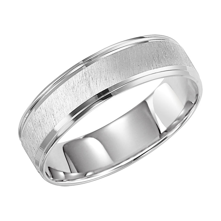 This Comfort Fit wedding band features a diagonal satin finish with stepped edge offering a refreshing look that will last a lifetime