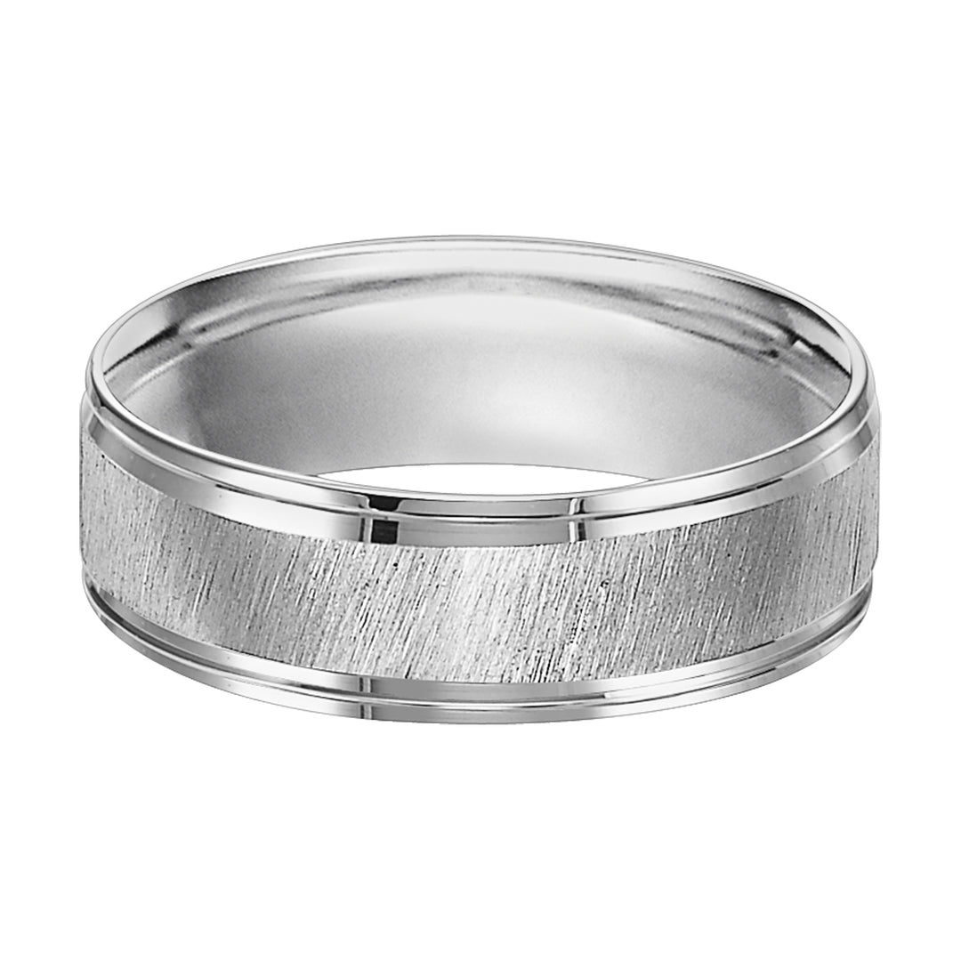 This Comfort Fit wedding band features a diagonal satin finish with stepped edge offering a refreshing look that will last a lifetime