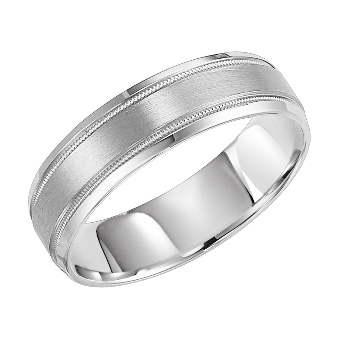 Mens wedding band with satin finish, milgrain accent and bevel edges with flat profile