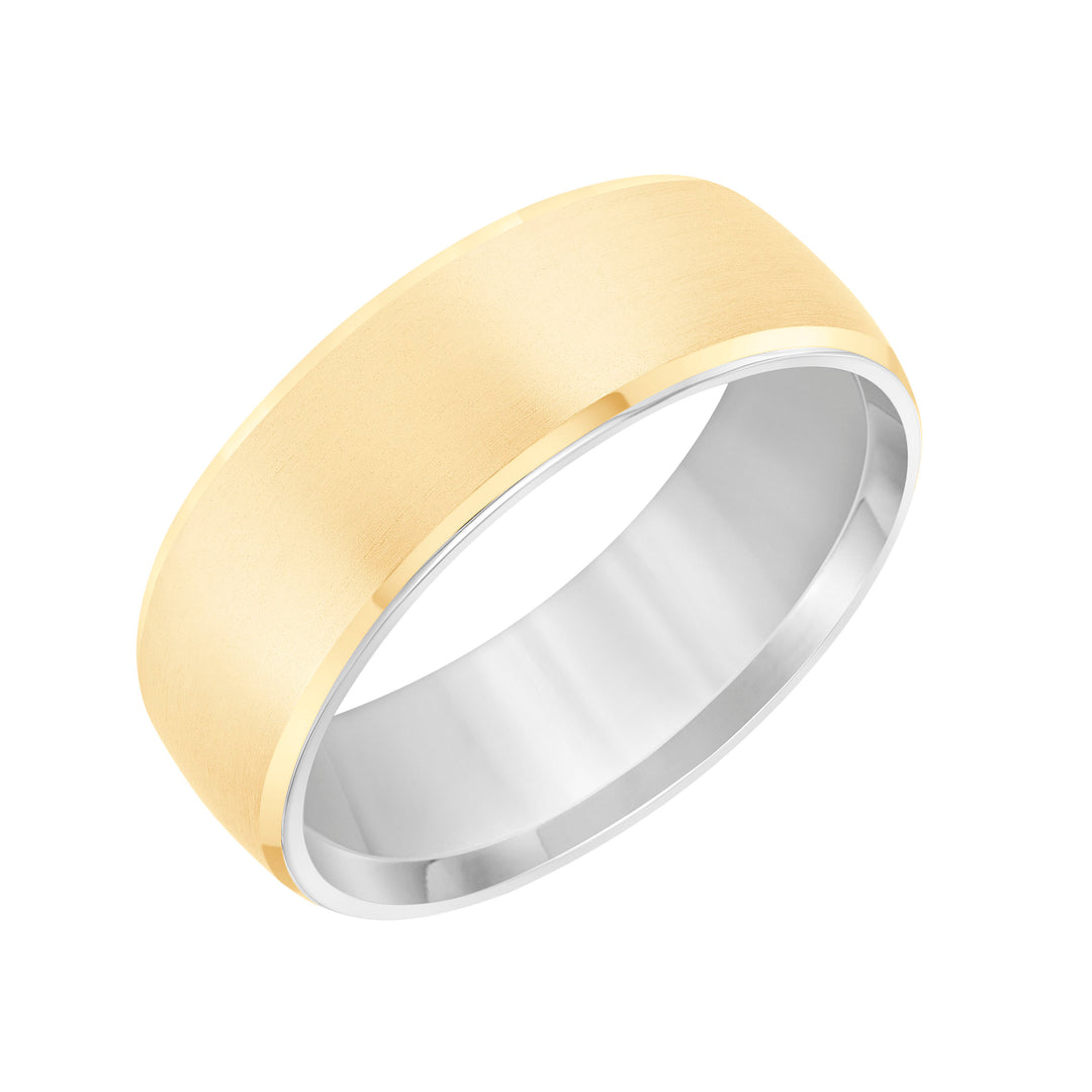It is all in the details with this luxuriously designed two-tone gold, Comfort Fit wedding band featuring a satin finish with rolled edge