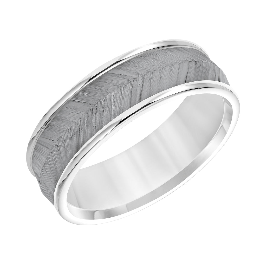 Mens Band with Black Rodium Center with Chevron Texture and Bright Round Edge