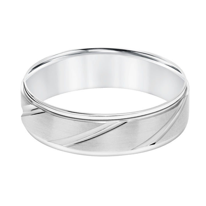 Mens Wedding Band with Brush Finish and Polished Diagional Cuts and Polished Round Edge