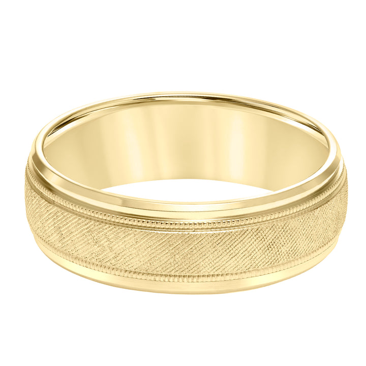 Mens Wedding Band with Florentine Finish and Milgrain Accents and Polished Flat Edge